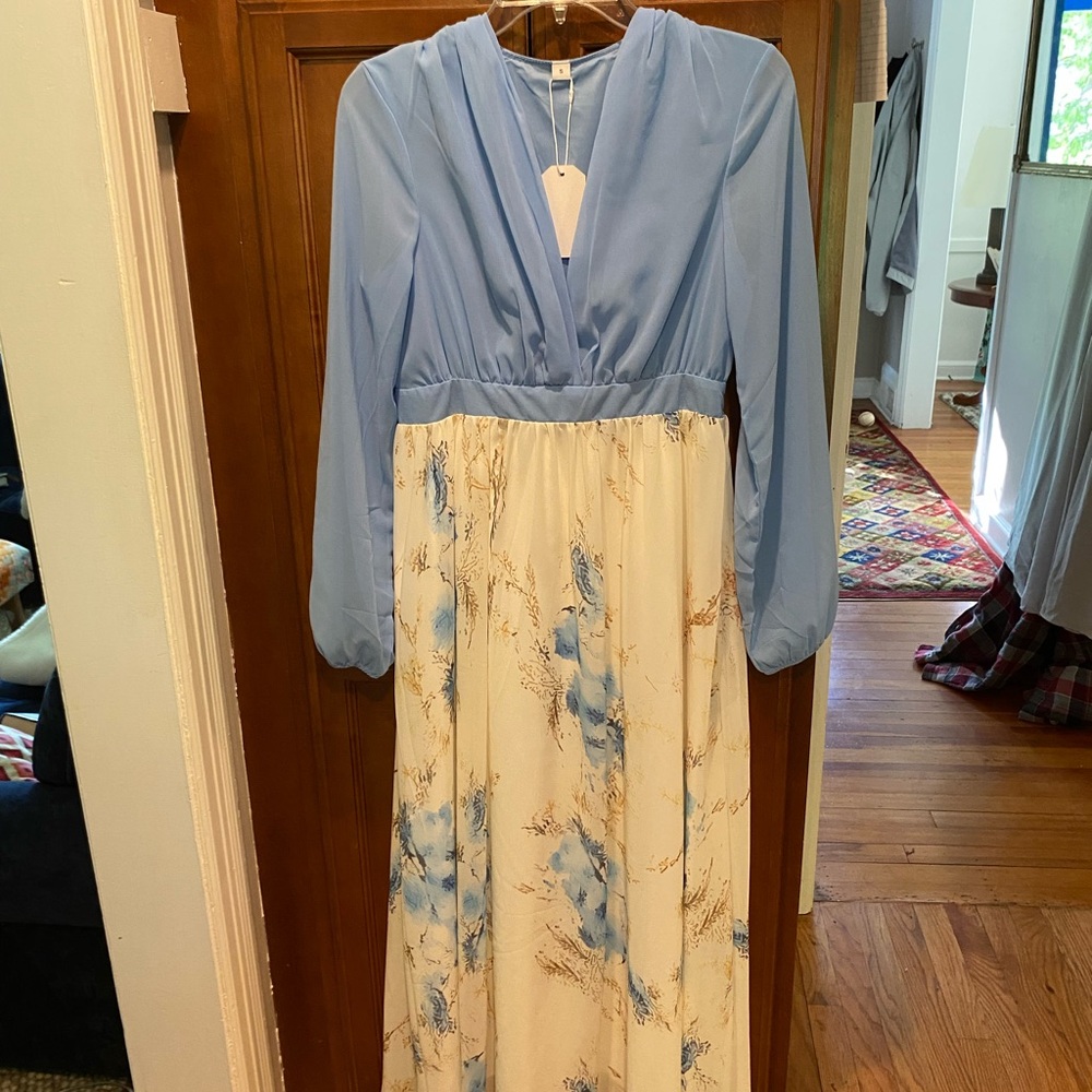Elegant Blue and White Women's full-length gown